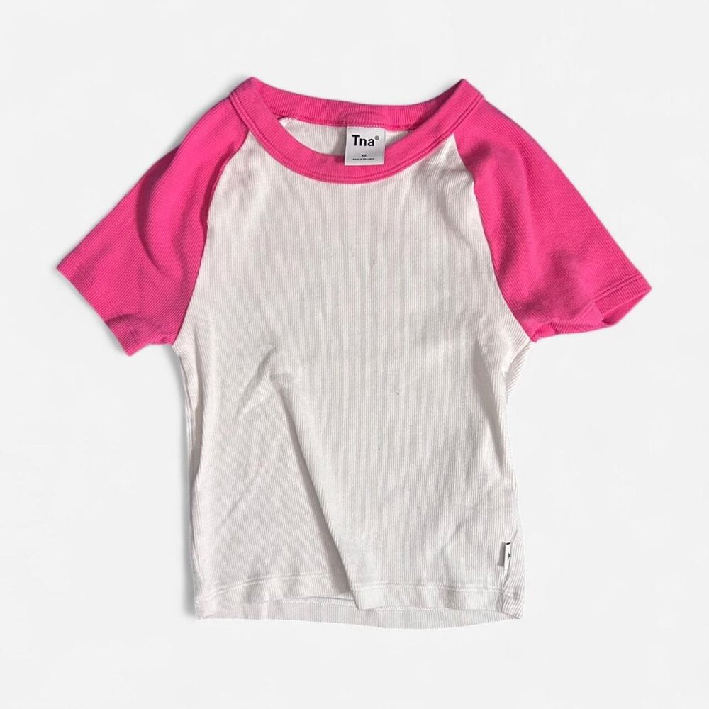 Aritzia TNA pink & white baby tee